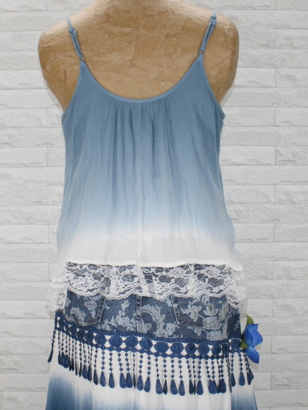 HAND CRAFTED Upcycled Skirt Set Denim Jean Tie Dye Boho Lace Floral Maxi Blue 12 - Picture 5 of 16